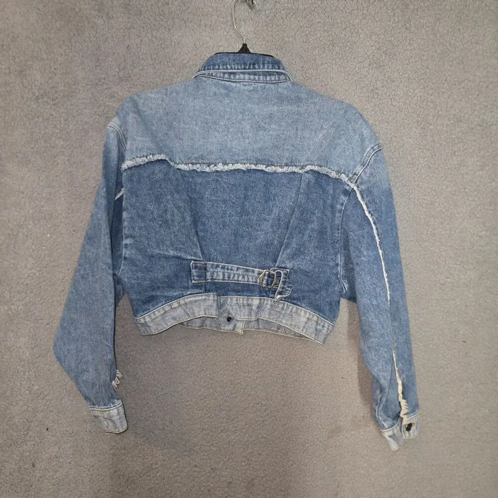 Free People We the Cropped Denim Jacket Womens Blue Frayed Cinch Back 100% M